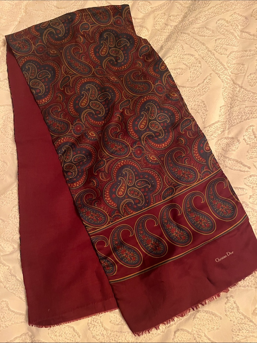 Dior Burgundy Paisley Silk-Blend Scarf with Navy and Gold Accents
